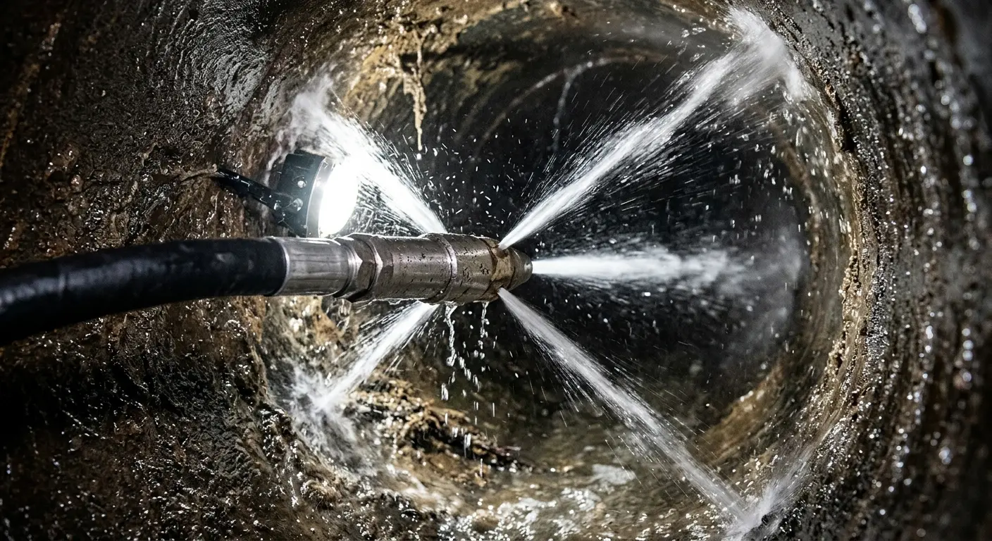 High-pressure hydro jetting nozzle cleaning sewer pipe for Emergency Drain Service in Madison Heights