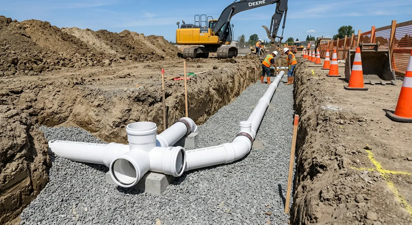 New PVC sewer pipe installation in open trench for Sewer Backup in Madison Heights