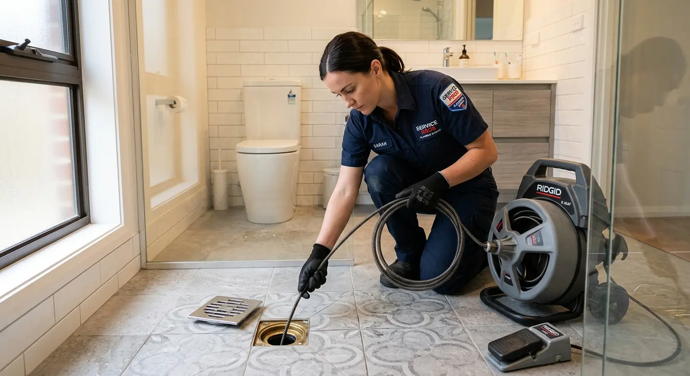 Technician clearing a bathroom floor drain for Drain Cleaning in Madison Heights